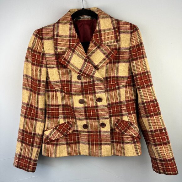 Laura Ashley 100% Wool Burgundy Tan Plaid Double Breasted Blazer Size 8 Preppy - Picture 2 of 9
